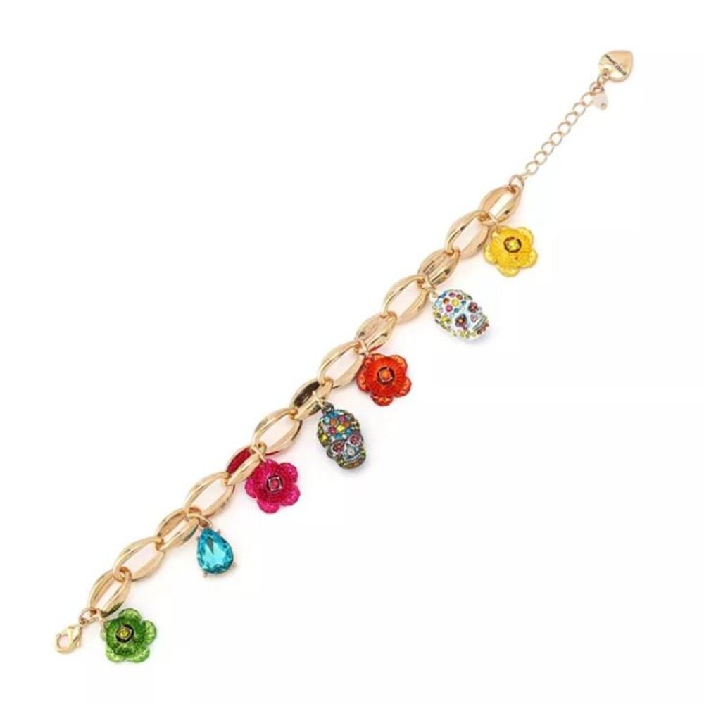 Betsey Johnson Gold Tone Sugar Skull & Flower Charm Bracelet NWT - Picture 2 of 5
